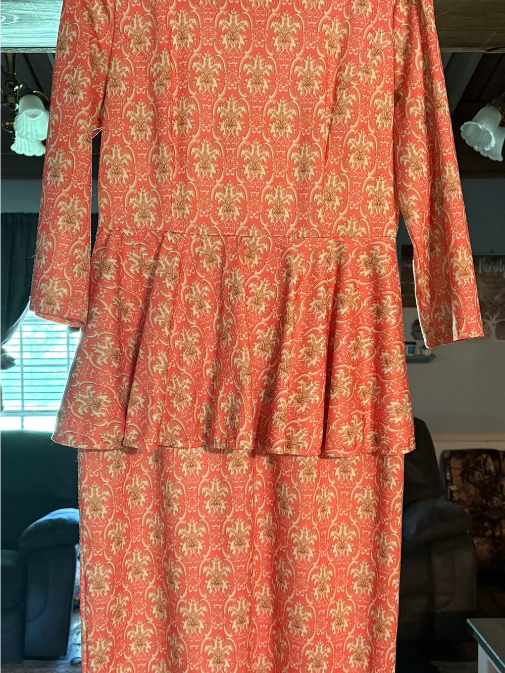 Dainty Jewells Coral & Gold Long-Sleeve Peplum Dress